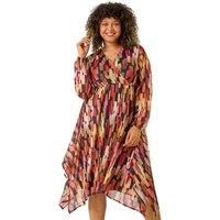 Roman Curve Abstract Print Wrap Stretch Midi Dress for Women UK - Ladies Everyday Autumn Winter V-Neckline Comfy Soft Evening Vacation Work Party Night Out - Pink Plus - Size 30