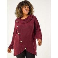 Roman Curve Cowl Neck Button Wrap Top - Red