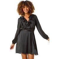 Roman Satin V-Neck Ruffle Dress in Black 16 female