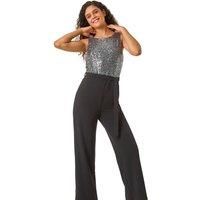 Roman Originals Contrast Sequin Bodice Jumpsuit for Women UK - Ladies Everyday Autumn Winter Round Neckline Comfy Soft Evening Vacation Work Party Night Out - Silver - Size 16