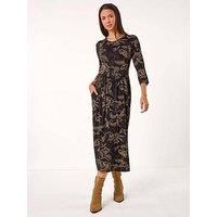 Roman Women's Paisley Pocket Stretch Midi Dress in Tan | Size: 20