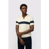 Melka Ecru Revere Stripe Knit Regular Fit Polo Beige