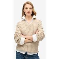 Superdry Womens OS V Cable Jumper Oatmeal Beige 14/16