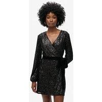Superdry Sequin Velvet Wrap Mini Dress - Black