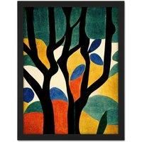 Wee Blue Coo Simple Autumn Trees Orange on Blue Minimalist Matisse Style Painting Artwork Framed Wall Art Print 18X24 Inch