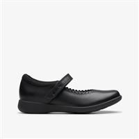 Girls Clarks 'Etch Pure' Black Leather Hook & Loop Mary Jane Strap School Shoes