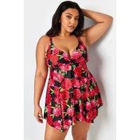 Yours Curve Floral Print Hanky Hem Swim Dress - Women/'s - Plus Size Curve Red