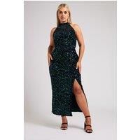 Yours Curve Women's Plus Size Velvet Sequin Halterneck Maxi Dress