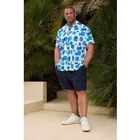 Blue Abstract Print Peached Short Sleeve Revere Collar Shirt