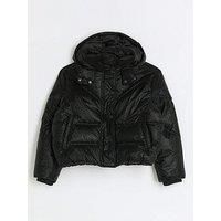 River Island Girls Puffer Coat Black Glitter Hooded Padded Outerwear Top