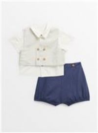Ecru Waistcoat & Navy Shorts Set 3-6 months