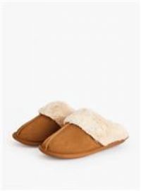 totes Real Suede Tan Faux Fur Lined Mule Slippers S