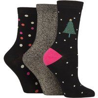 Ladies 3 Pair Caroline Gardner Christmas Patterned Cotton Socks Black Tree/ Glitter / Spot 4-8
