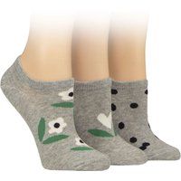 Women's 3 Pair Caroline Gardner Patterned Cotton Trainer Socks Flowers and Spots Light Grey 4-8 Women's