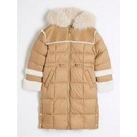 River Island Older Girl Faux Fur Trim Puffer Coat - Beige