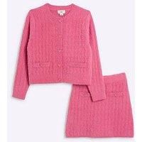 River Island Kids Girls Cardigan and Skirt Set Pink Long Sleeves 2 Piece Outfit
