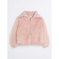 River Island Girls Shaggy Faux Fur Bomber Jacket - Pink