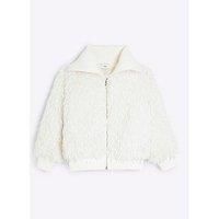 River Island Girls Shaggy Faux Fur Bomber Jacket - Cream