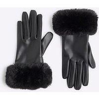 River Island Older Girl Faux Fur Trim Gloves - Black