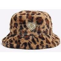 River Island Girls Leopard Print Faux Fur Bucket Hat - Beige