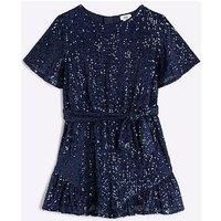 River Island Girls Sequin Belted Party Playsuit - Navy