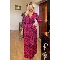 Cerise Printed Wrap Top Split Skirt Midi Dress