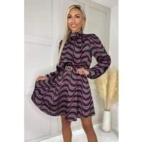 Multi Print Long Sleeve High Neck Belted Skater Dress