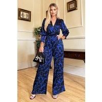 Cobalt and Black Print Wrap Top Jumpsuit