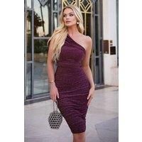 Plum Sparkly One Shoulder Ruched Midi Dress