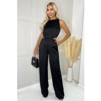 Black Satin Cut Out Waist Full Length Jumpsuit