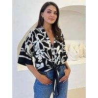 Ax Paris Black And White Abstract Printed Tie Waist Top