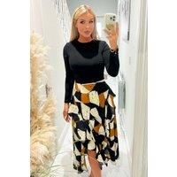 Multi Geometric Print 2 in 1 Long Sleeve Double Frill Split Midi Dress