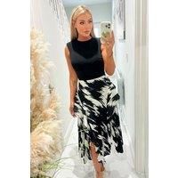 Black And White Printed 2 In 1 Double Frill Split Midi Dress
