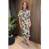 Green Abstract Print High Neck Wrap Skirt Midi Dress