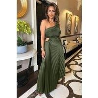 Olive One Shoulder Pleated Satin Midi Dress