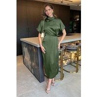 Olive Satin High Neck Wrap Skirt Midi Dress