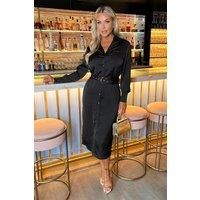 Black Satin Belted 3/4 Sleeve Gold Buttons Shirt Midi Dress