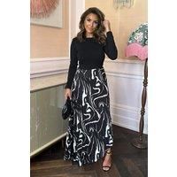 Black Abstract Stripe Print 2 in 1 Long Sleeve Pleated Skirt Midi Dress