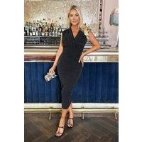 Black Sparkle Wrap Top Ruched Skirt Midi Dress