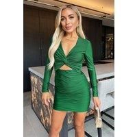 Green Long Sleeve V Neck Knot Detail Cut Out Ruched Skirt Mini Dress