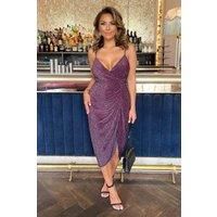 Plum Sparkle Strappy Wrap Top Gathered Skirt Midi Dress