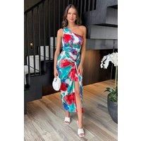 Multi Tie Dye Printed One Shoulder Knot Skirt Midi Dress