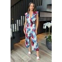 Multi Smudge Print Wrap Top Belted Jumpsuit