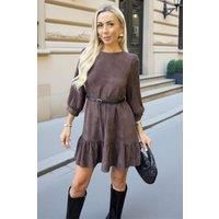AX Paris Women's Chocolate Faux Suede 3/4 Sleeve Frill Hem Belted Mini Dress | Size: 8