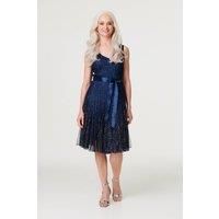 Izabel London Sequin Sleeveless Tie Waist Dress for Women UK with v-Neck, Sleeveless fit and midi Length. Navy
