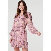 Izabel London Floral Long Puff Sleeve Shirt Dress for Women UK with Short Ruffled Hem and tie Waist. Pink