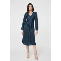 Izabel London Ruched Long Sleeve Midi Wrap Dress for Women UK with a v-Neck, a tie Waist and a Layered Hem. Green