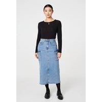 Izabel London Denim High Waist Midi Cargo Skirt Made from 100% Cotton, for Women UK with Pockets and Belt Loops.