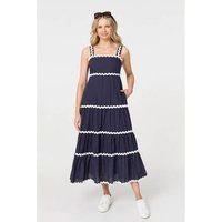 Izabel London Zig Zag Trim Sleeveless Tiered Midi Dress Made from 100% Viscose for Women UK with Pockets. Navy
