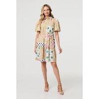 Patchwork Print Knee Length Shirt Dress